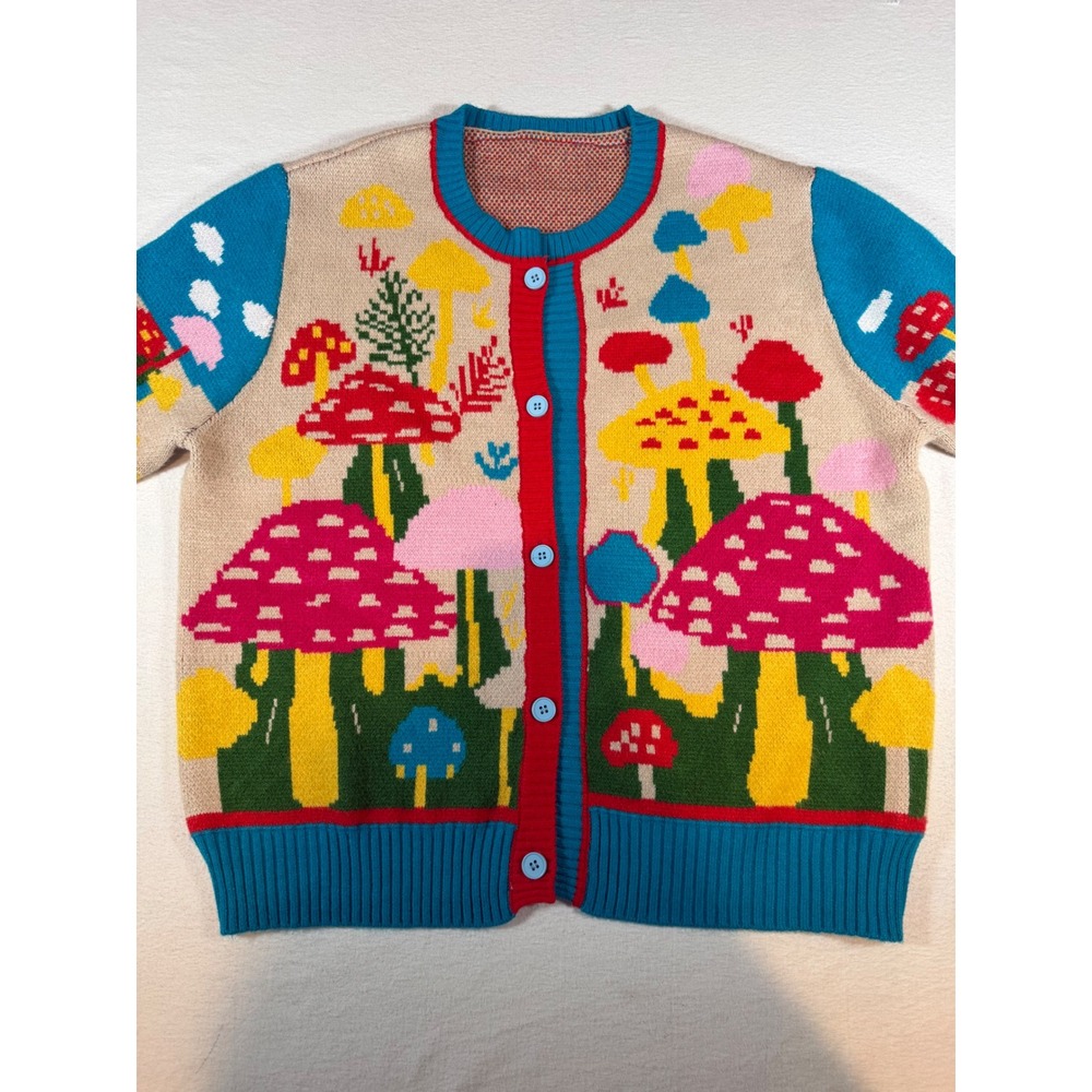 Berni Mushroom Intarsia Knit Cardigan Sweater Multicolor Cottagecore Womens XL